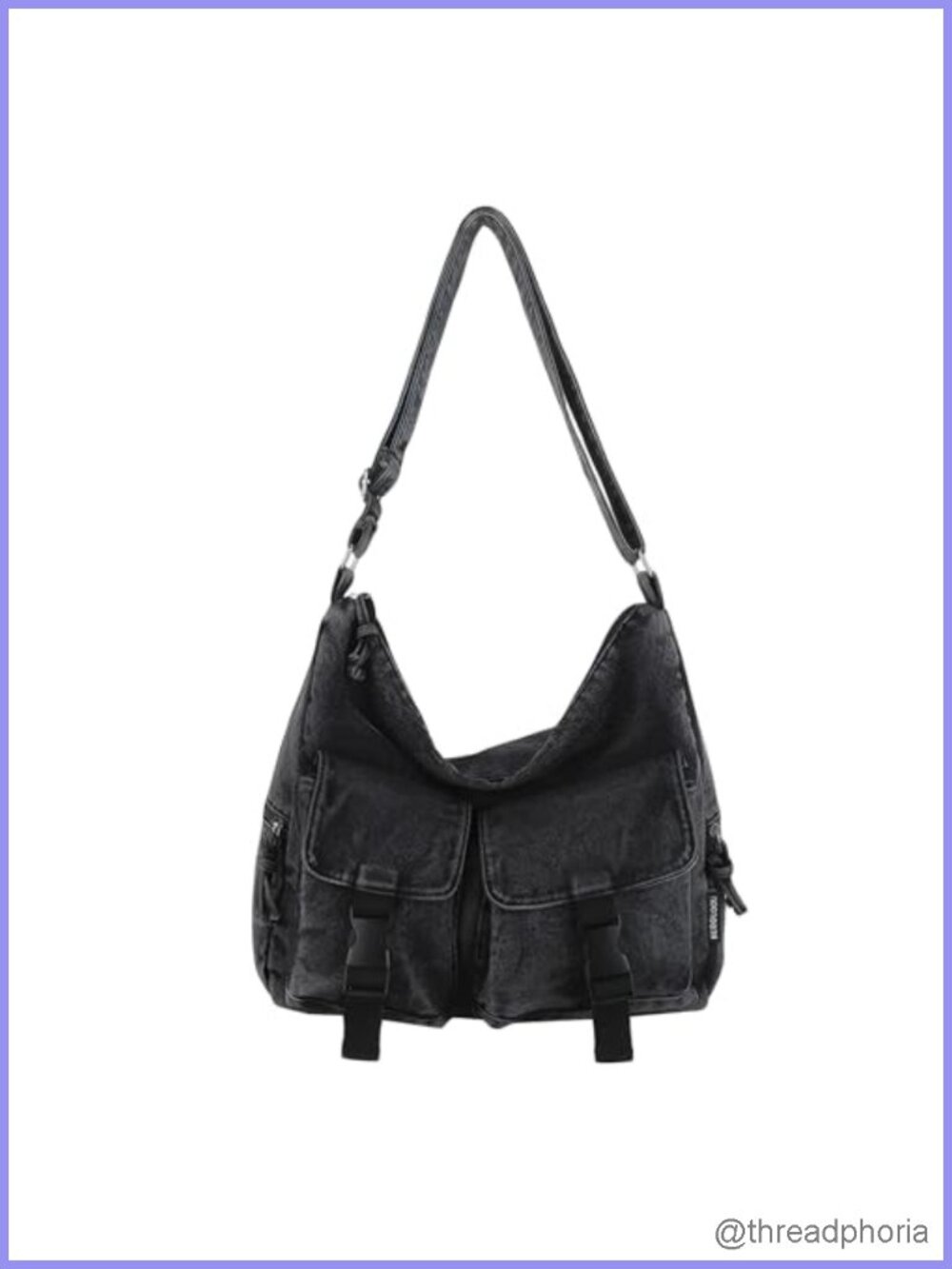 Washed Denim Large Canvas Messenger Crossbody Tote Bag with Zipper and
